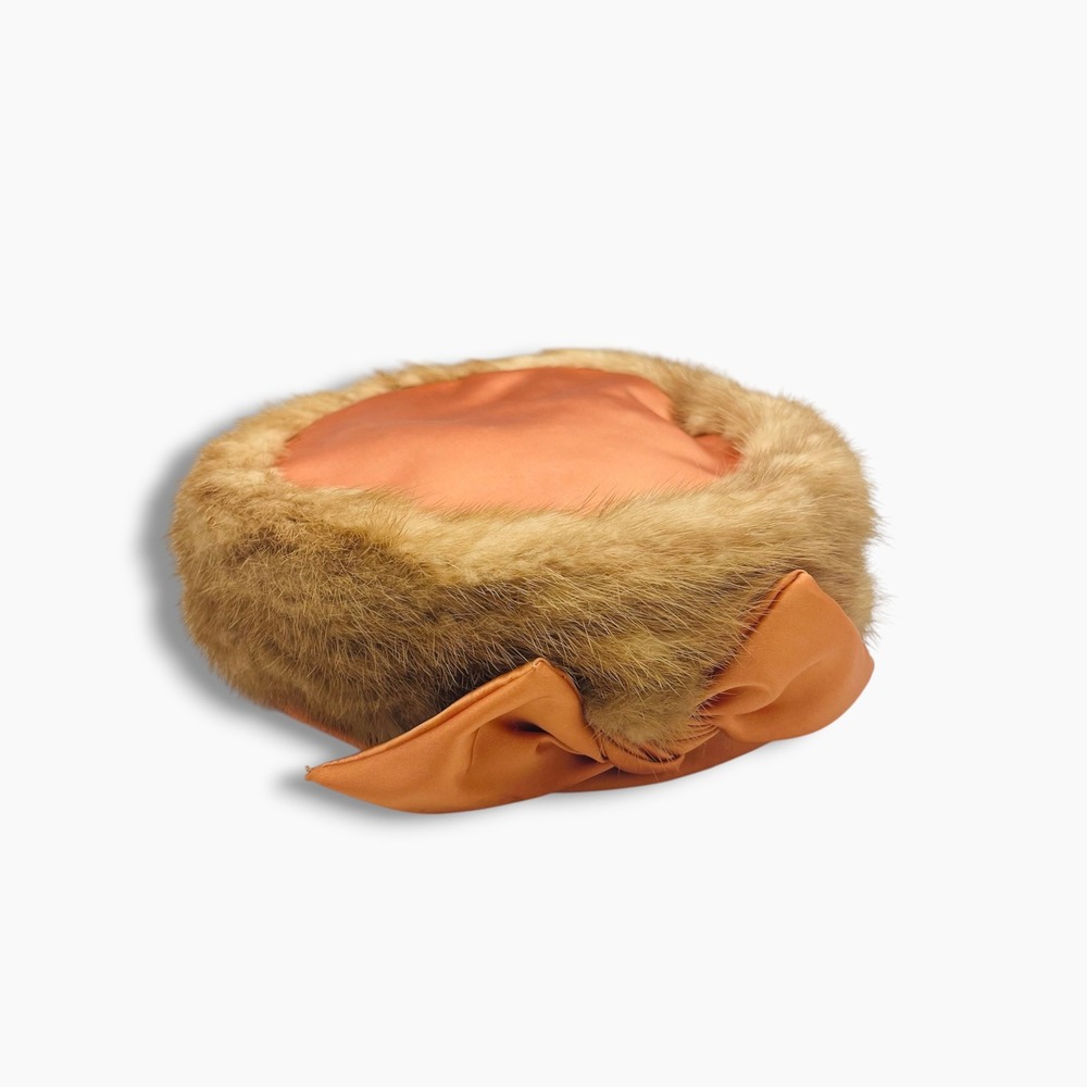 Vintage Dece Original Pillbox Hat Fur Satin Bow Copper Orange Brown Millinery